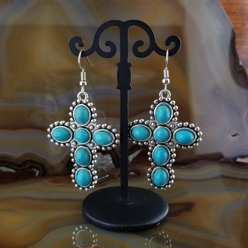 New Southwest Turquoise Cabochon Brushed Silver Cross Earrings 45MM